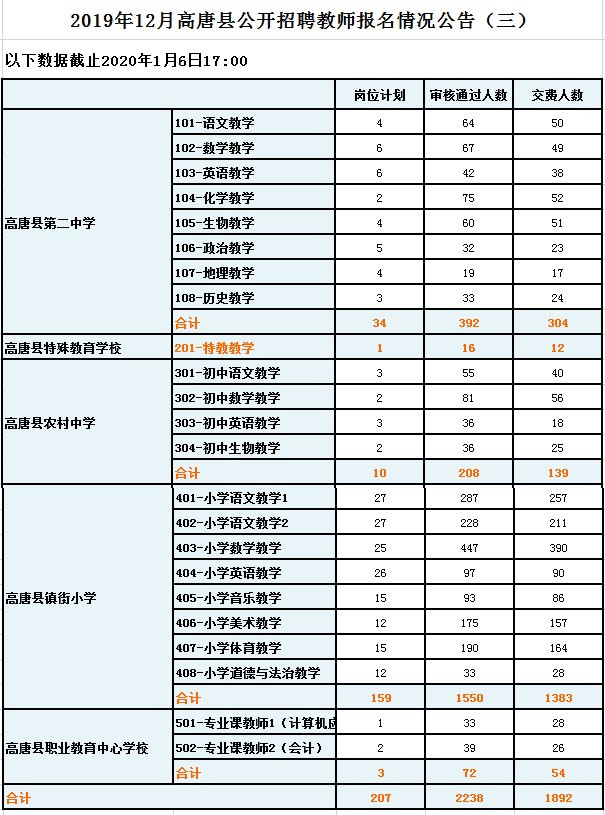 2019年聊城高唐县教师招聘207人报名情况